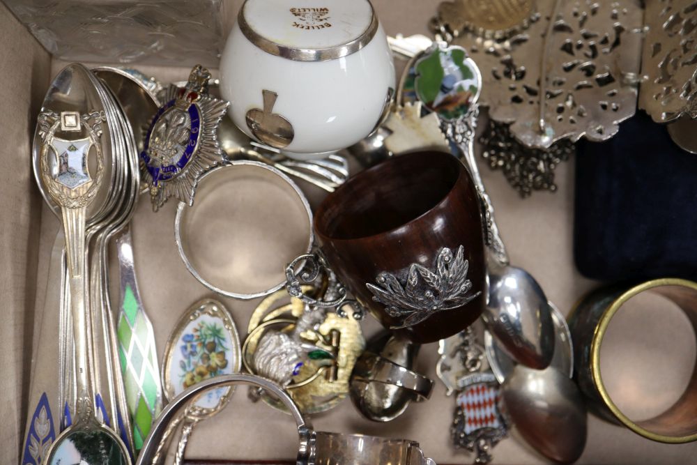 Mixed items including silver and enamel mounted glass scent bottles, silver buckle, costume jewellery, plated items etc.
